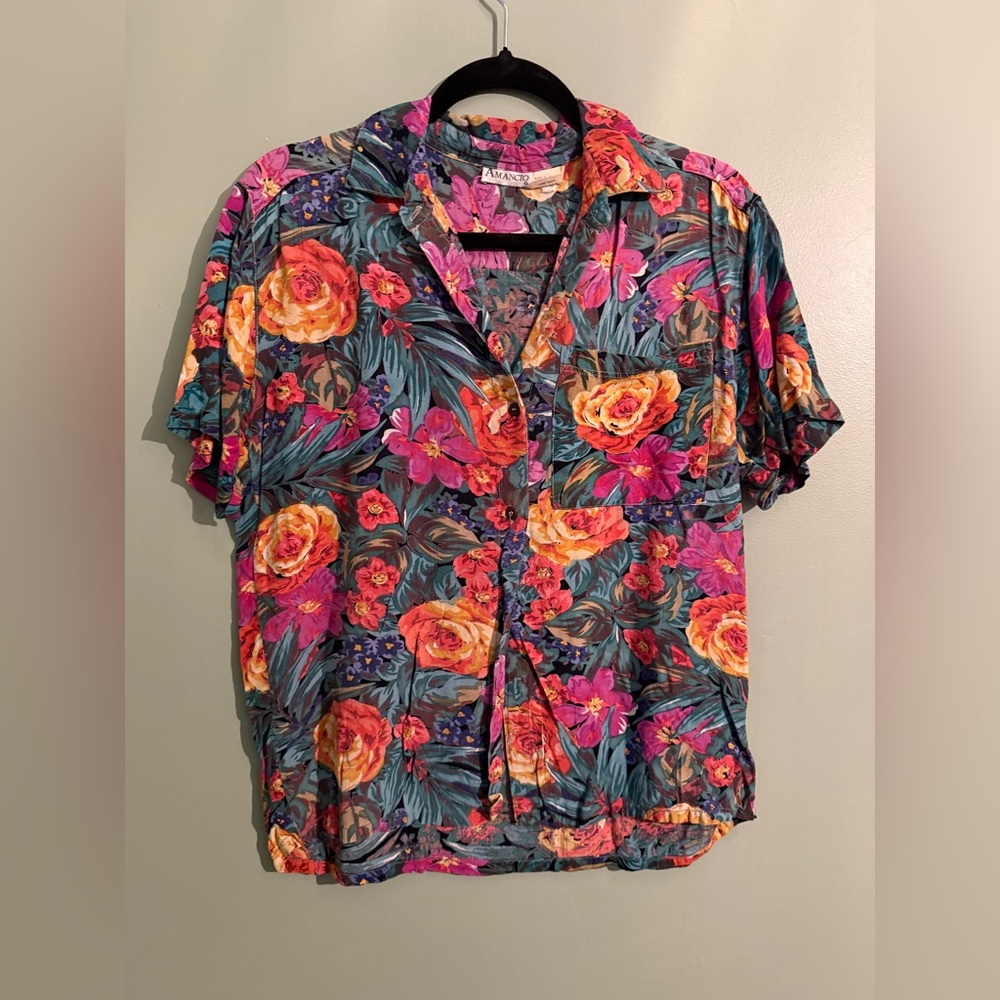 Vintage Amancio Floral Tropical Button Down Short Sleeve Vacation Hibiscus S